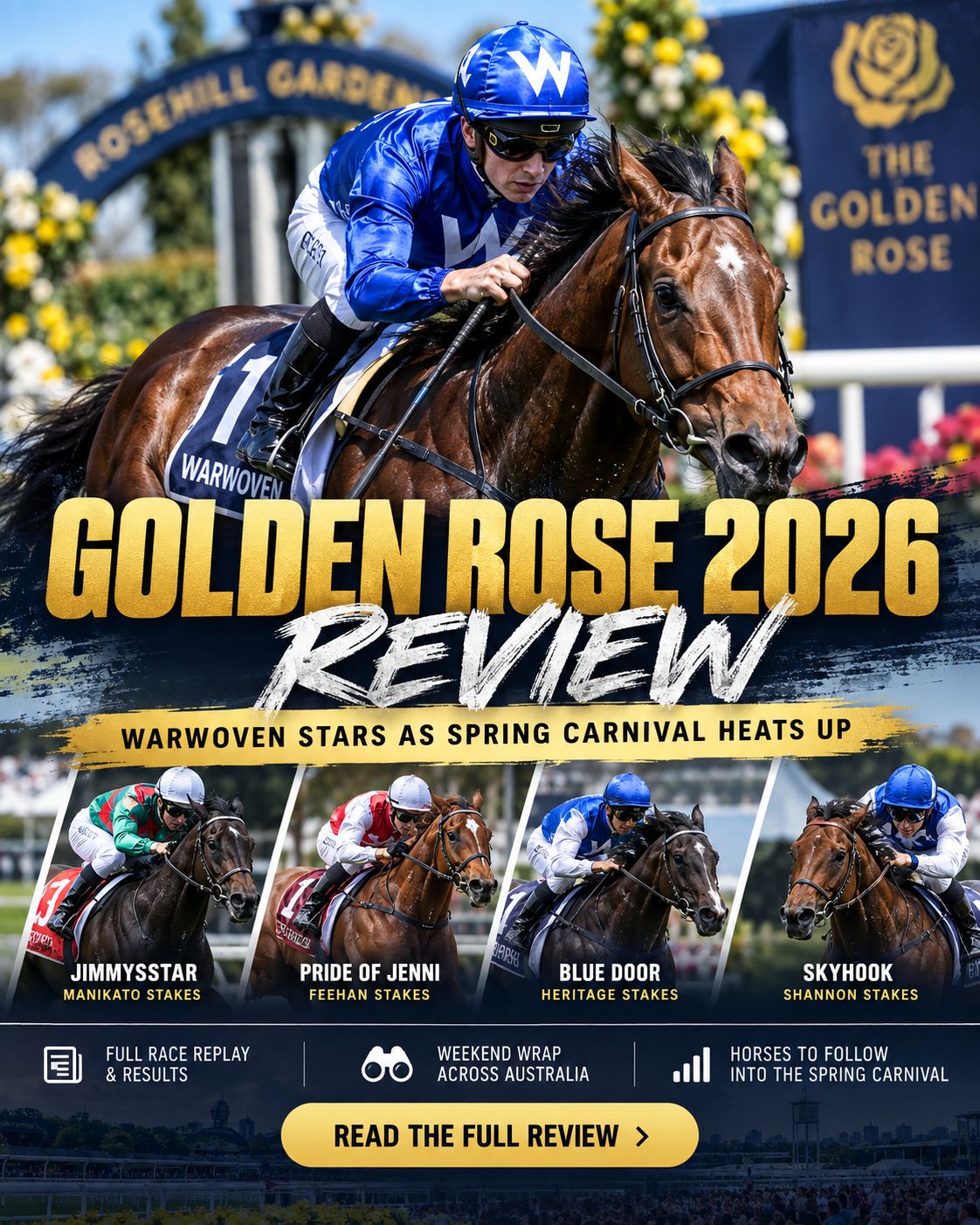 Jockey in blue silks riding a horse at a race track with the bold title 'GOLDEN ROSE 2026' across the image.