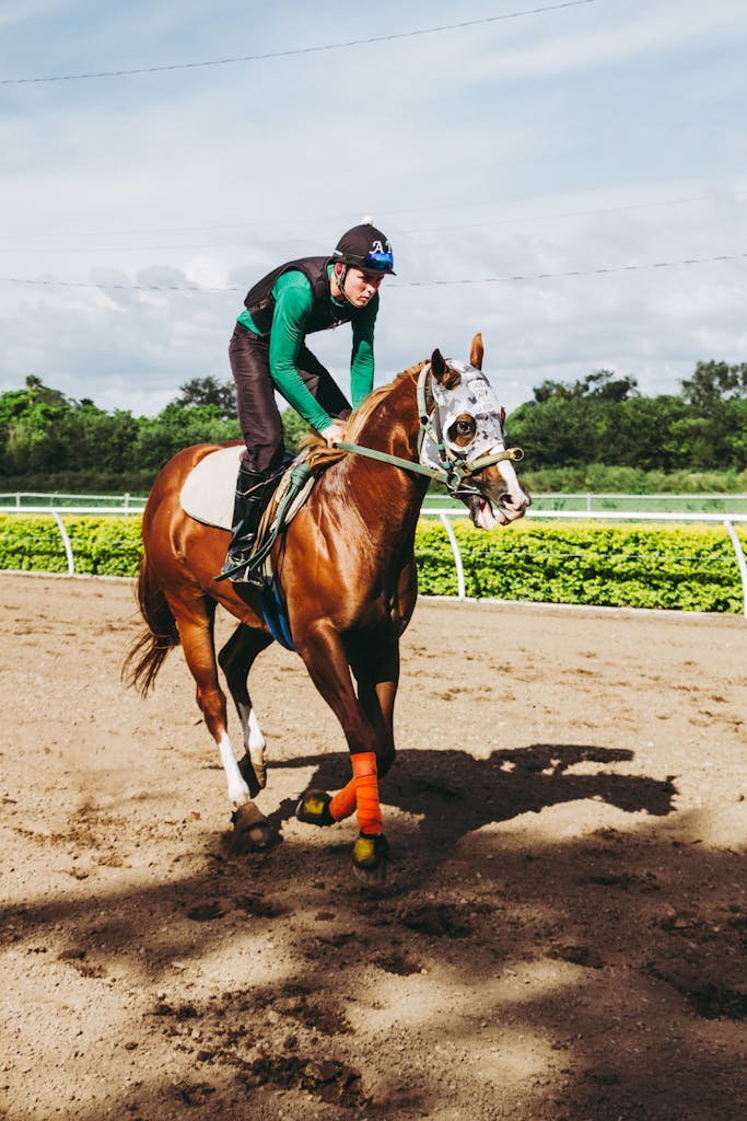 Jockey riding a horse during a race on a sunny day at the track.