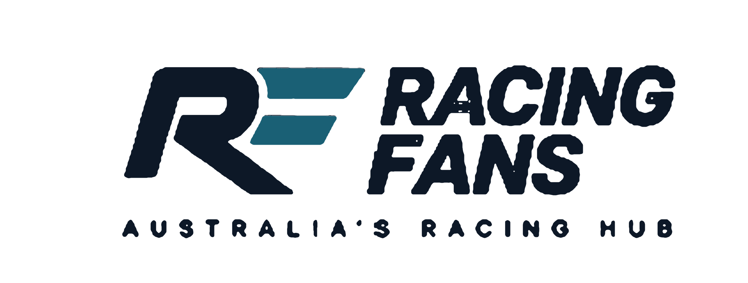 Racing Fans logo: bold navy text'RACING FANS' with teal graphic elements and 'AUSTRALIA'S RACING HUB' below.