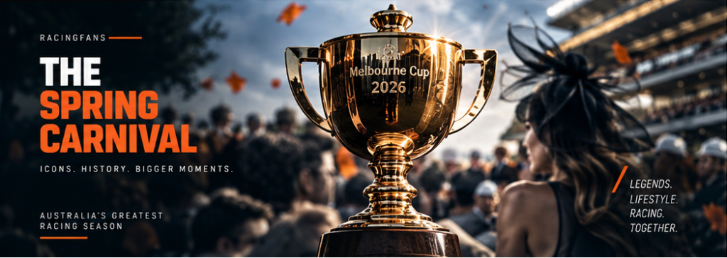Promotional hero image for The Spring Carnival with a golden Melbourne Cup trophy and blurred racing crowd in the background.
