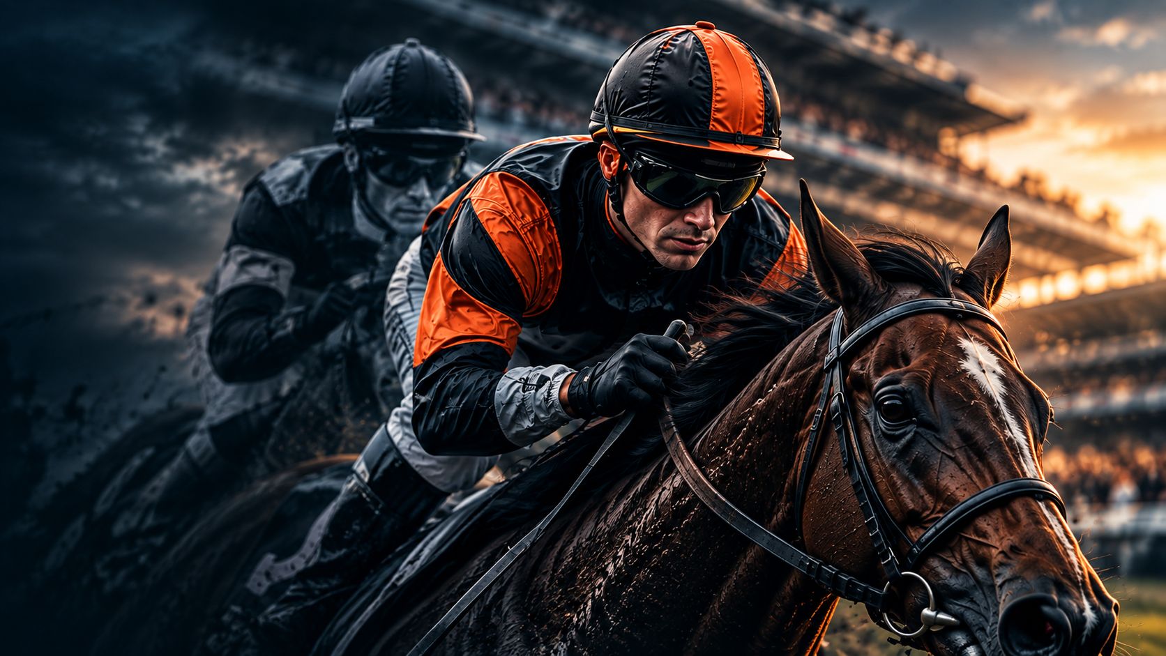 Racing Fans Jockey - Racing Fans Jockey in orange and black silks riding a galloping horse, with another rider behind, on a blurred race track stadium backdrop.