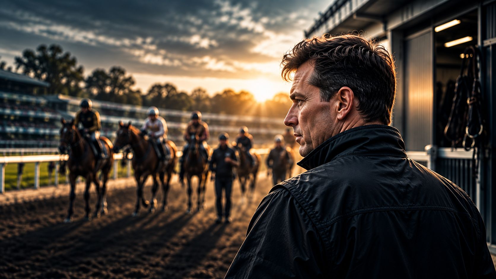 RacingFans_profile_tile_trainer - Racing Fans Trainer watches riders on horses warming up at a racetrack during sunset, foregrounded by the trainer's profile. (informative)